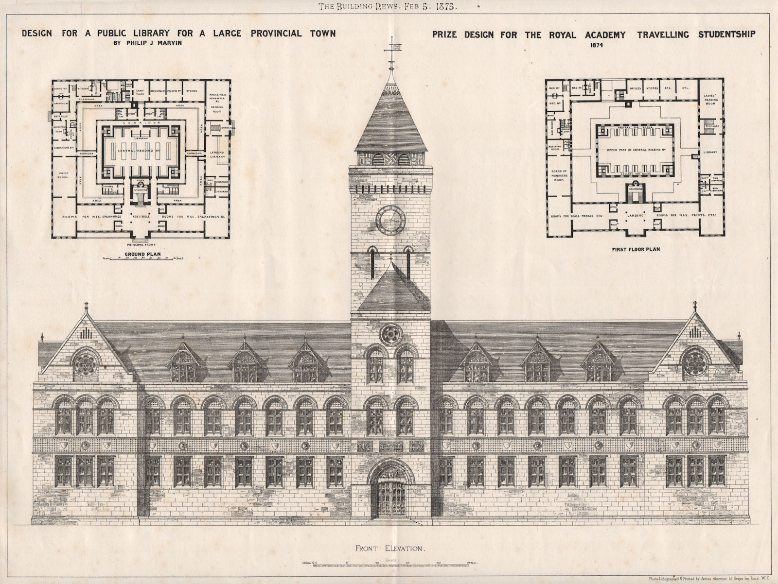 Public Library Royal Academy prize design; Philip J. Marvin 1875 old print